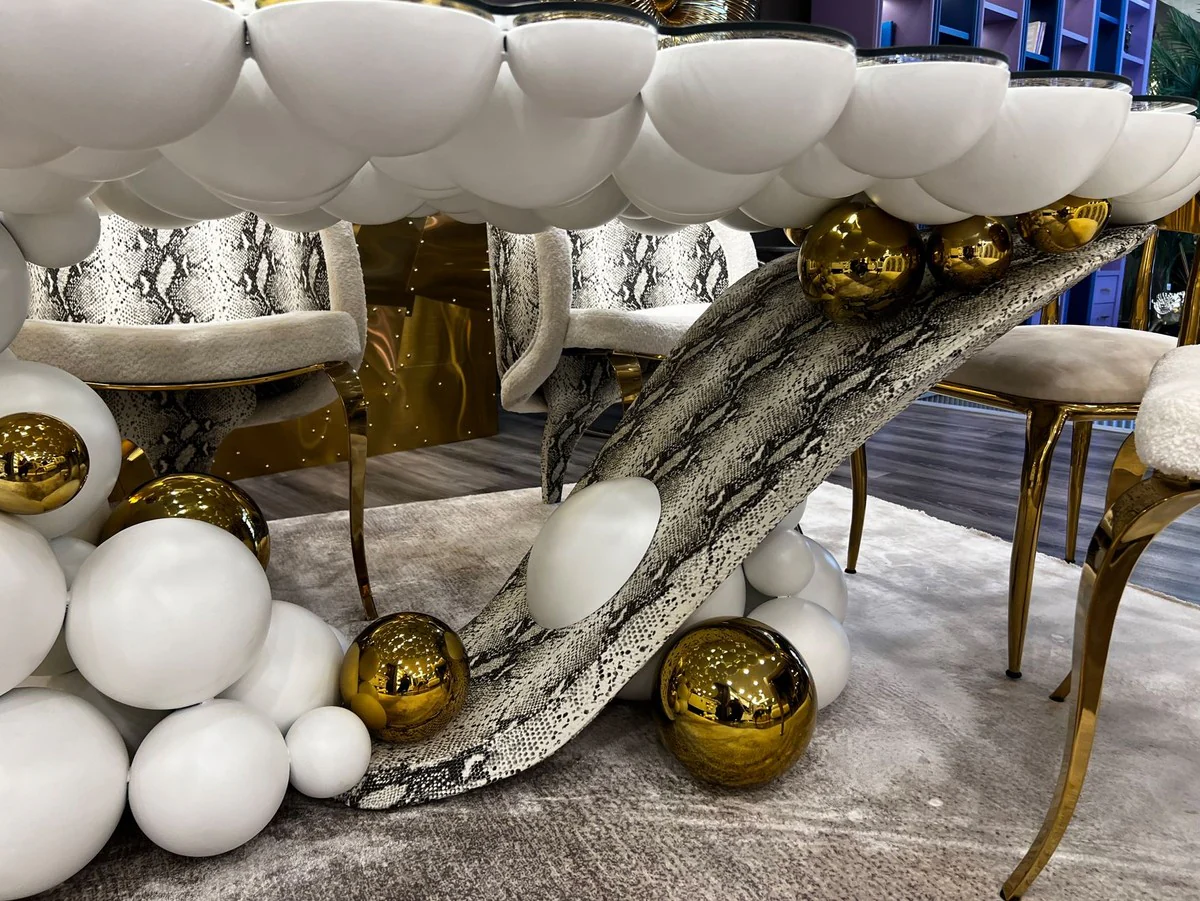 Luxus Designer Esstisch mit Glasplatte Weiß / Gold / Schwarz 230 x 120 x H. 76 cm - Esszimmer Möbel - Luxus Möbel - Designer Möbel