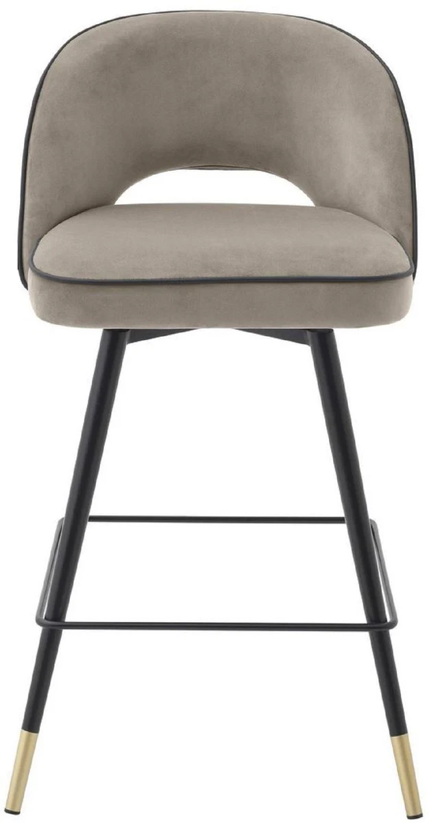 Luxus Barstuhl Set Greige / Schwarz / Messingfarben 51 x 52 x H. 92,5 cm - Barstühle mit drehbarer Sitzfläche und edlem Samtsoff - Luxus Bar Möbel