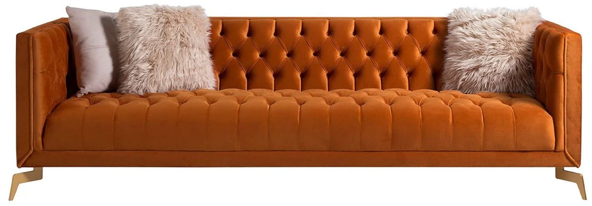 Luxus Chesterfield 3er Sofa Orange / Messingfarben 240 x 85 x H. 75 cm - Chesterfield Wohnzimmer Sofa - Chesterfield Wohnzimmer Möbel - Luxus Kollektion