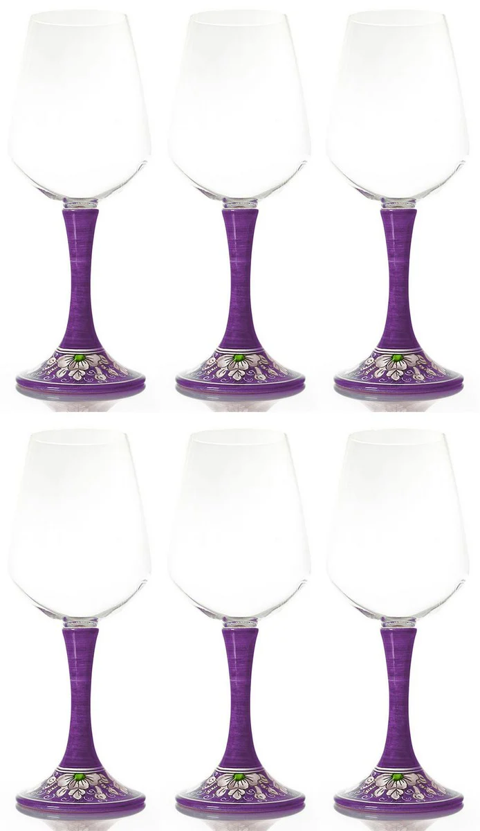 Luxus Weinglas 6er Set Lila / Mehrfarbig H. 23,5 cm - Handgefertigte & handbemalte Weingläser - Hotel & Restaurant Accessoires - Luxus Qualität - Made in Italy
