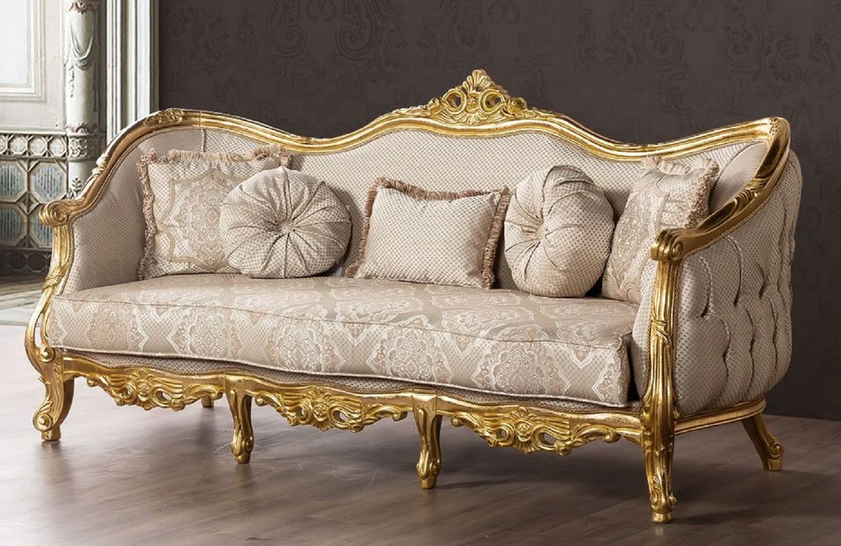Luxus Barock Sofa Beige / Gold - Prunkvolles Wohnzimmer Sofa mit Muster - Prunkvolle Barock Wohnzimmer Möbel