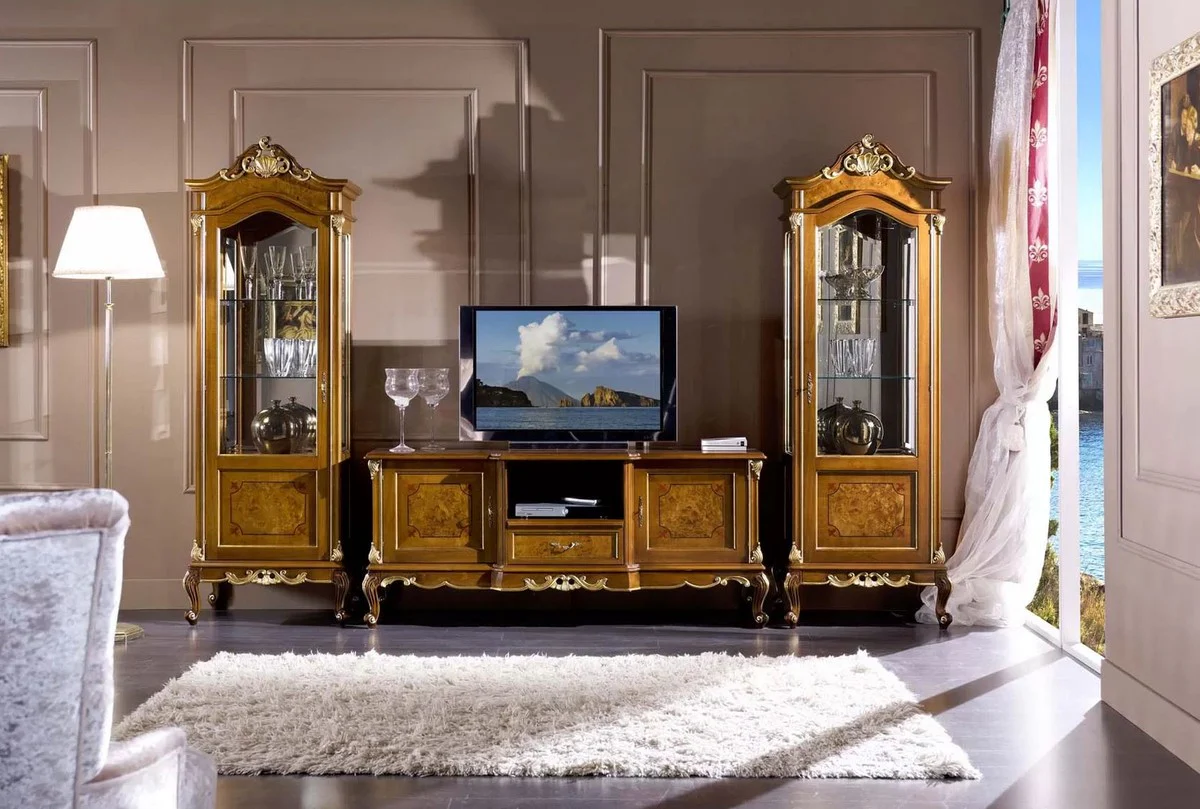 Luxus Barock Vitrine Braun / Gold - Handgefertigter Massivholz Vitrinenschrank mit Tür - Prunkvolle Barock Möbel - Luxus Qualität - Made in Italy