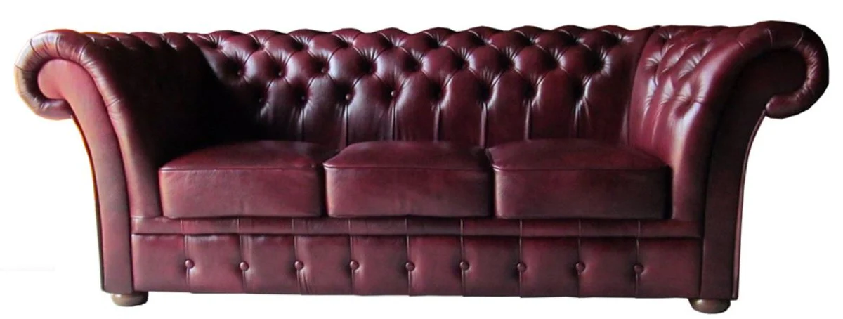 Luxus Echtleder 3er Sofa Dunkelrot 210 x 90 x H. 80 cm - Chesterfield Möbel