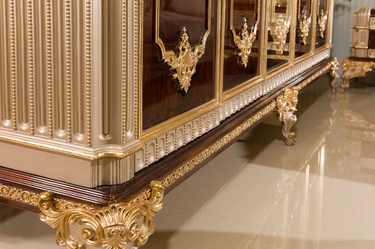 Luxus Barock Schlafzimmer Schrank mit 5 Türen Dunkelbraun / Grau / Gold - Barock Möbel
