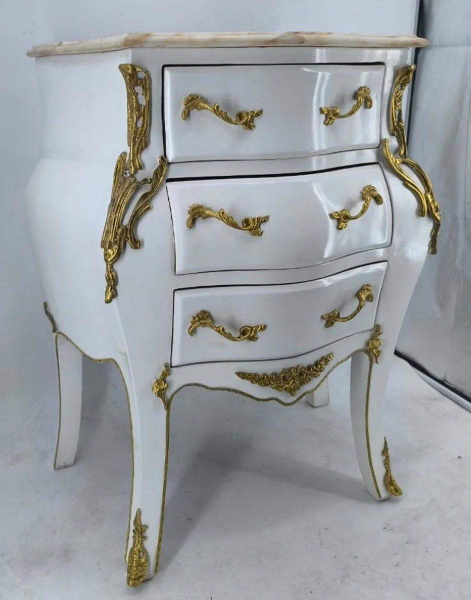 Barock Kommode mit 3 Schubladen Weiß / Gold / Beige H. 80 cm - Barock Möbel