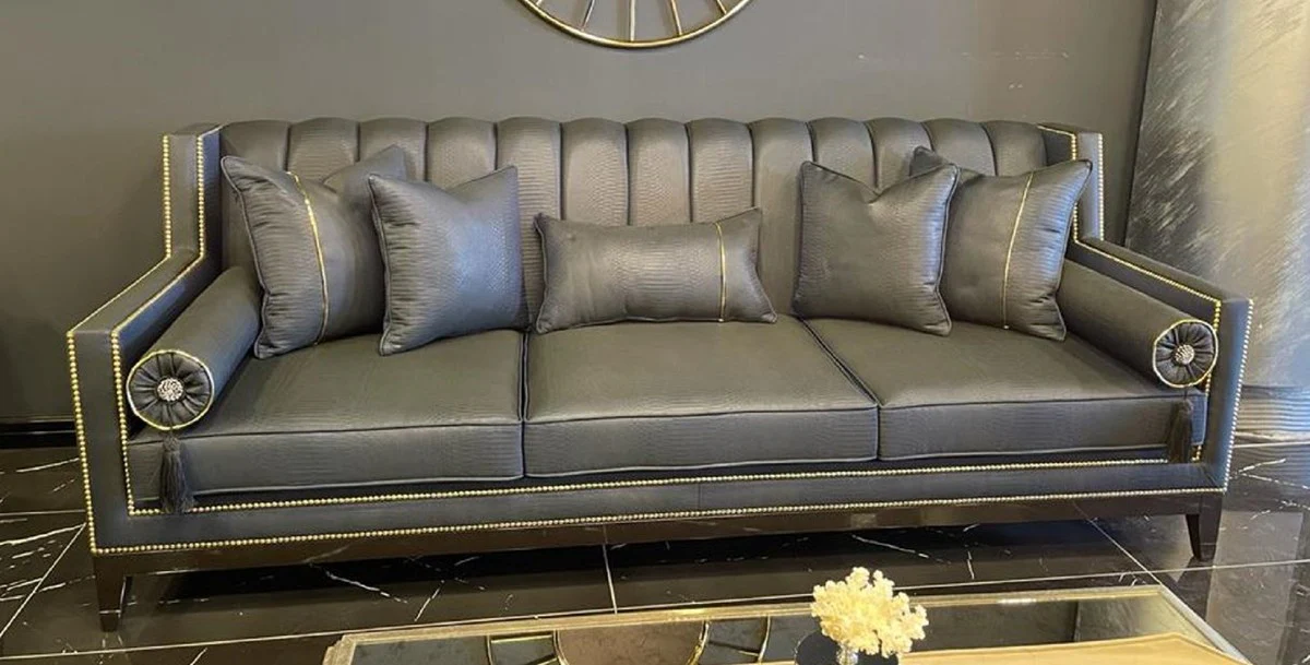 Luxus Art Deco Sofa Grau / Schwarz - Handgefertigtes Massivholz Wohnzimmer Sofa - Luxus Art Deco Wohnzimmer Möbel