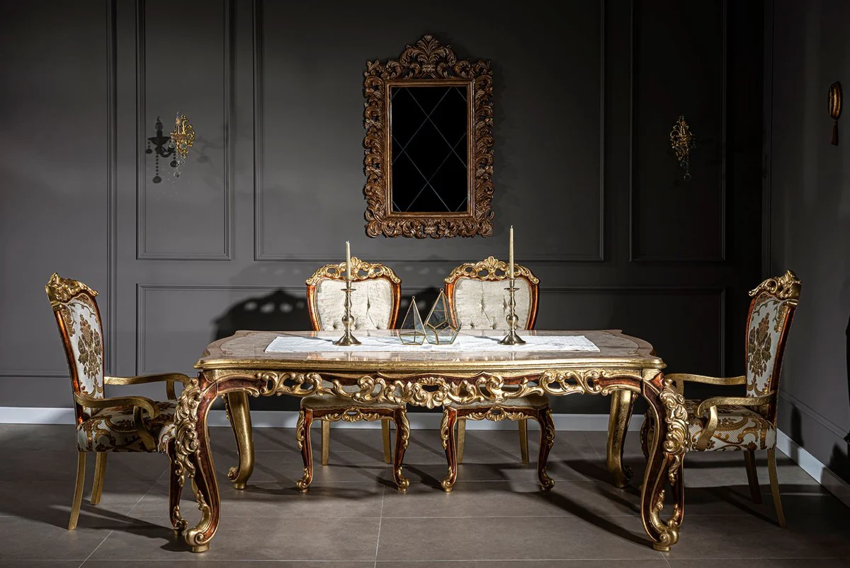 Luxus Barock Esszimmer Stuhl Set Weiß / Gold / Braun / Gold 57 x 54 x H. 115 cm - Edles Küchen Stühle 6er Set im Barockstil - Barock Esszimmer Möbel