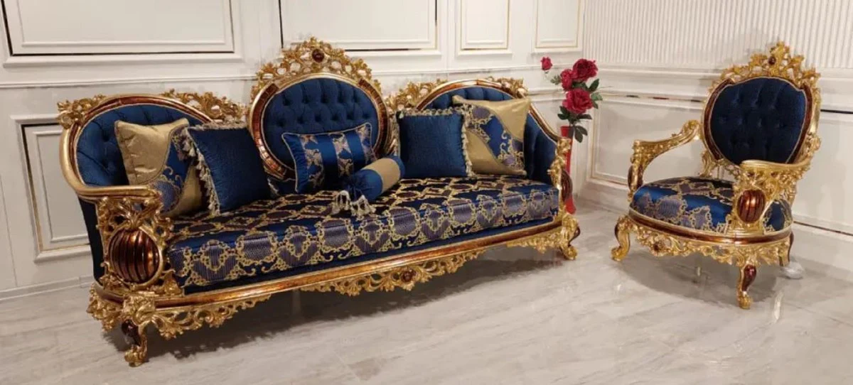 Luxus Barock Sofa Blau / Gold / Braun - Prunkvolles Wohnzimmer Sofa mit elegantem Muster - Barock Wohnzimmer Möbel