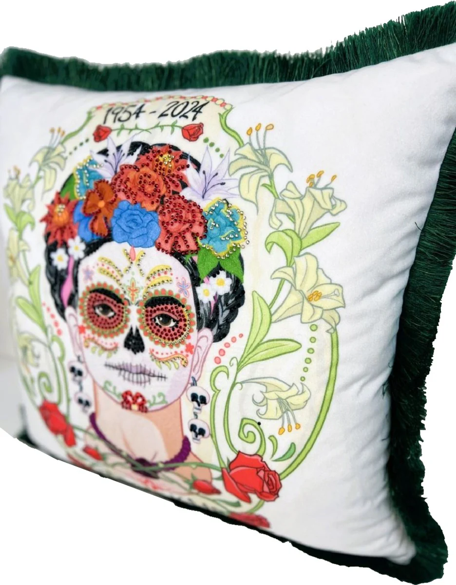 Frida Kahlo by Luxus Deko Kissen mit Strass Steinen Weiß / Bunt