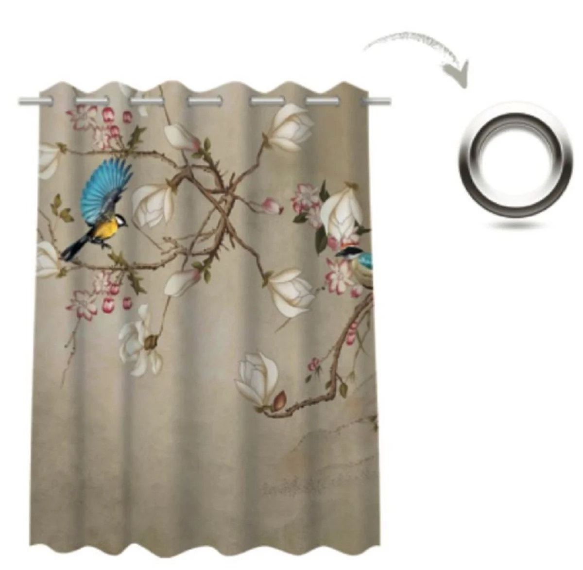 Luxus Vorhang Set Vögel Beige / Mehrfarbig 250 x H. 290 cm - Bedruckte Leinen & Samt Vorhänge - Ösenvorhänge - Schiebevorhänge - Luxus Qualität