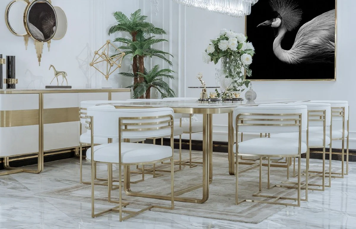 Luxus Esszimmer Stuhl Set mit Armlehnen Weiß / Gold 58 x 51 x H. 76 cm - Küchen Stühle 8er Set - Esszimmer Möbel - Restaurant Möbel - Luxus Möbel - Luxus Einrichtung