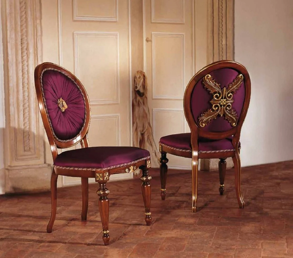 Luxus Barock Esszimmer Stuhl Set Lila / Braun / Gold - Handgefertigtes Küchen Stühle 6er Set - Luxus Esszimmer Möbel im Barockstil - Barock Möbel - Luxus Qualität - Made in Italy