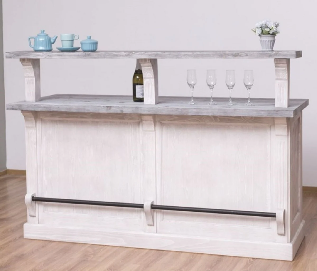 Landhausstil Bar Theke Hellgrau / Grau 180 x 68 x H. 120 cm - Massivholz Thekentisch - Massivholz Barmöbel - Barmöbel im Landhausstil - Landhausstil Einrichtung