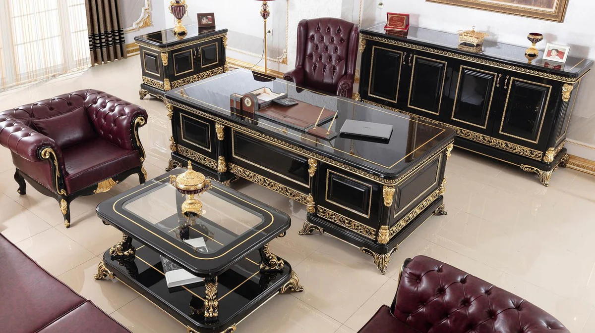 Luxus Barock Couchtisch mit Glasplatte Schwarz / Gold - Prunkvoller Massivholz Wohnzimmertisch im Barockstil - Barock Wohnzimmer Möbel - Edel & Prunkvoll