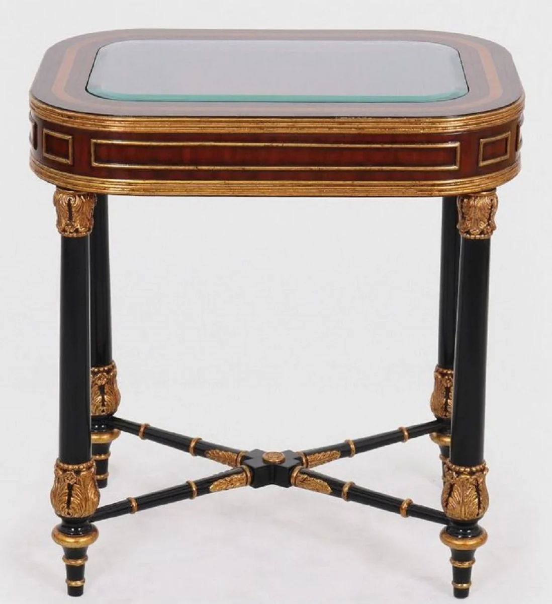 Luxus Barock Beistelltisch Braun / Schwarz / Gold 61 x 46 x H. 65 cm - Edler Massivholz Tisch mit Glasplatte - Barock Möbel