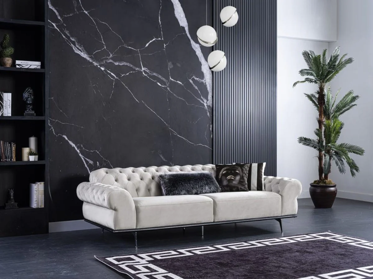 Luxus Art Deco Chesterfield Wohnzimmer Sofa Cremefarben / Silber 240 x 95 x H. 63 cm - Luxus Wohnzimmer Möbel