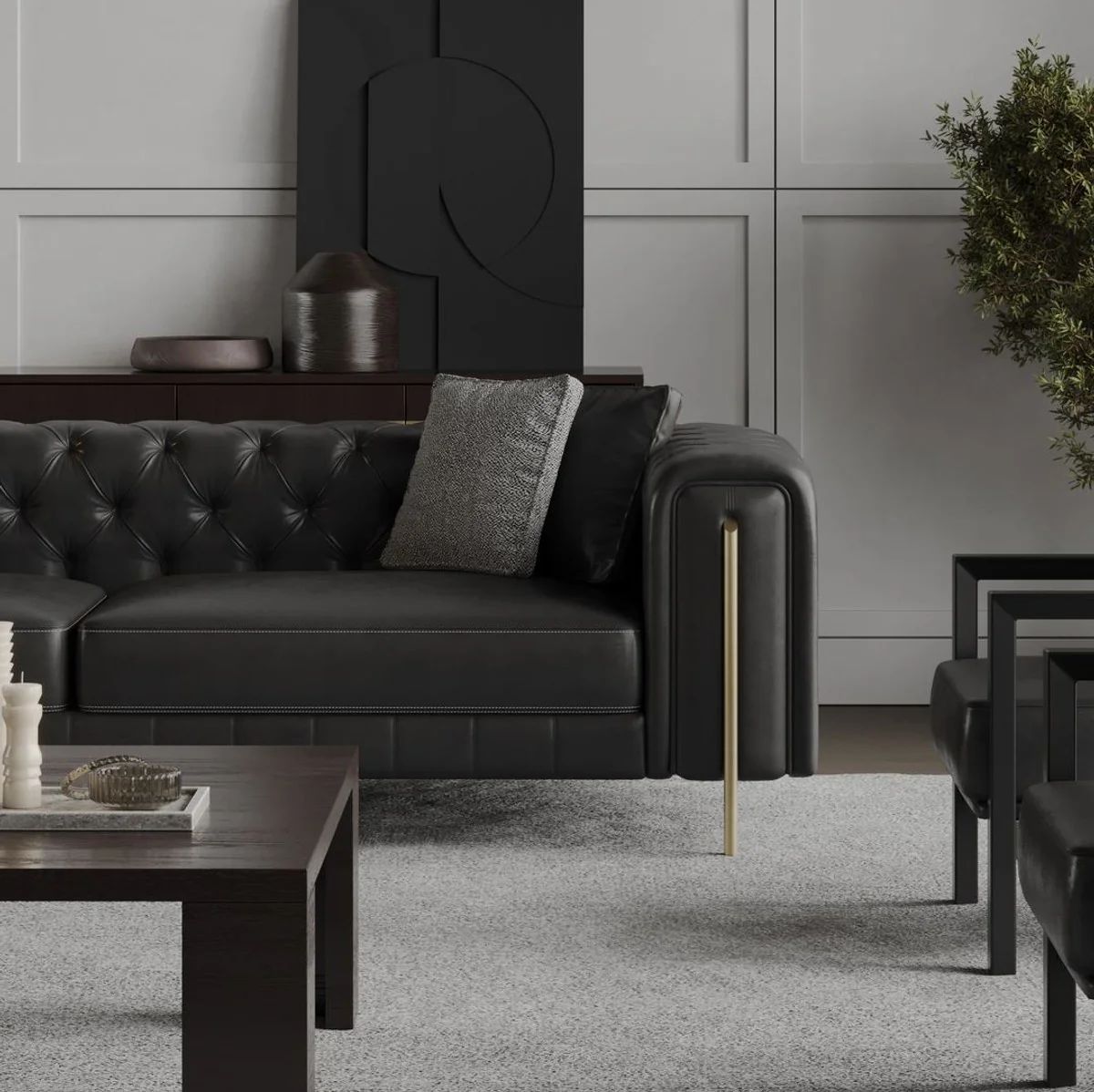 Luxus Chesterfield Kunstleder Sofa Schwarz / Messing 262 cm - Luxus Möbel