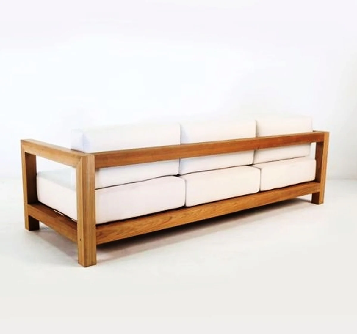 Garten 3-er Sofa Rustikal Boston Weiss-Creme/Braun 200 x 40 x H70 cm - Echtholz Möbel Massiv