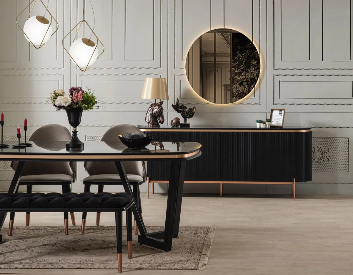 Luxus Esszimmer Set Grau / Schwarz / Kupferfarben - 1 Esszimmertisch & 4 Esszimmerstühle & 1 Sitzbank - Luxus Esszimmer Möbel