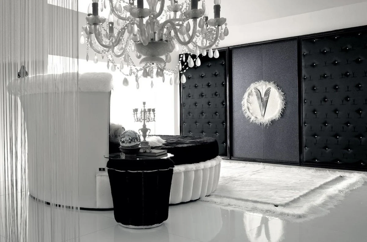 Luxus Barock Rundbett Weiß / Schwarz - Rundes Barock Bett mit Matratze - Prunkvolle Barock Schlafzimmer & Hotel Möbel - Erstklassische Qualität - Made in Italy