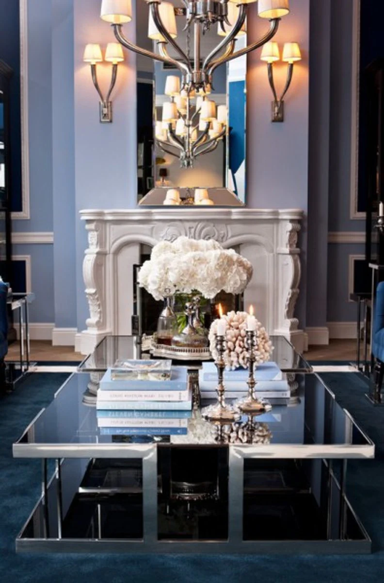 Luxus Art Deco Designer Couchtisch Edelstahl poliert mit Rauchglas 100 x 100 cm - Luxus Kollektion