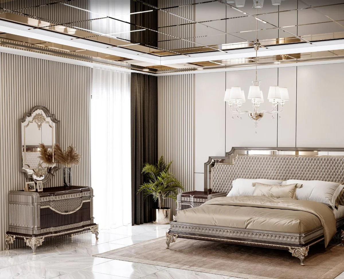 Luxus Barock Kommode mit Wandspiegel Dunkelbraun / Grau / Gold