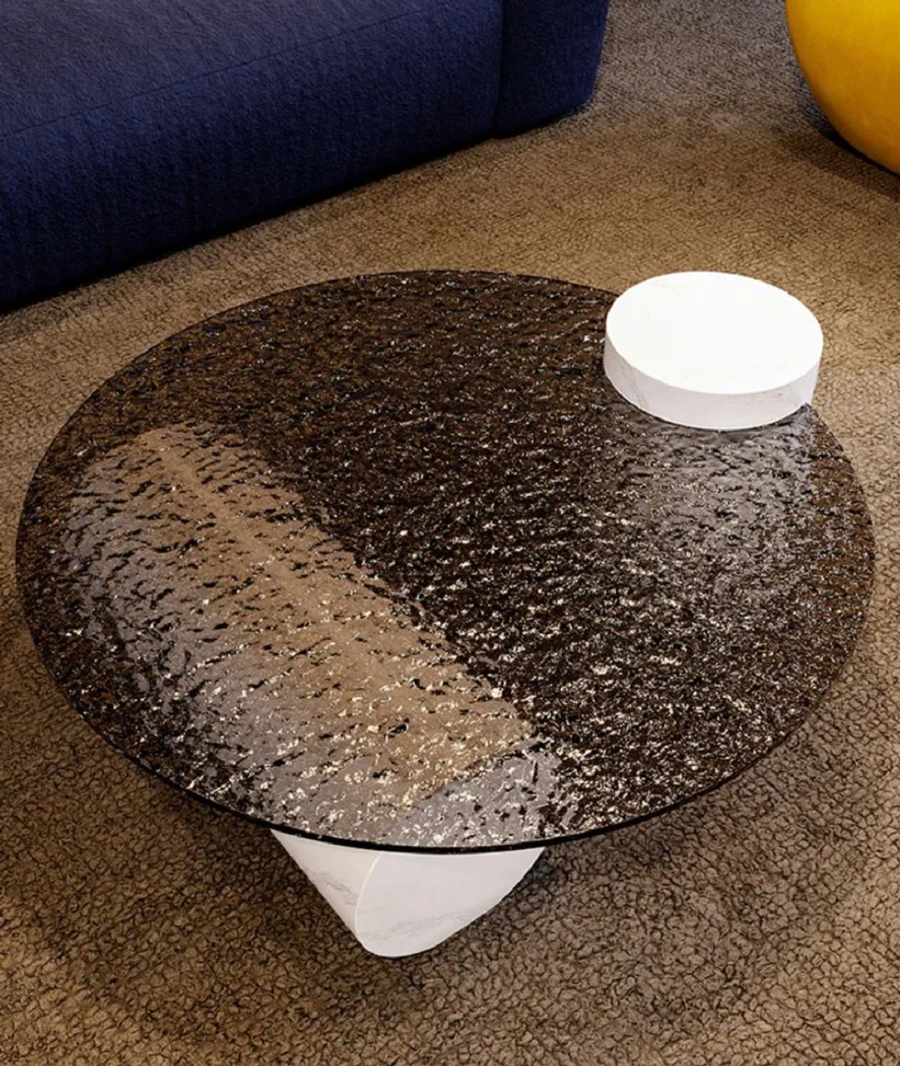 Luxus Designer Couchtisch Weiß 116 x 100 x H. 24 cm - Wohnzimmertisch mit Glasplatte - Wohnzimmer Möbel - Hotel Möbel - Luxus Möbel - Luxus Qualität - Made in Italy