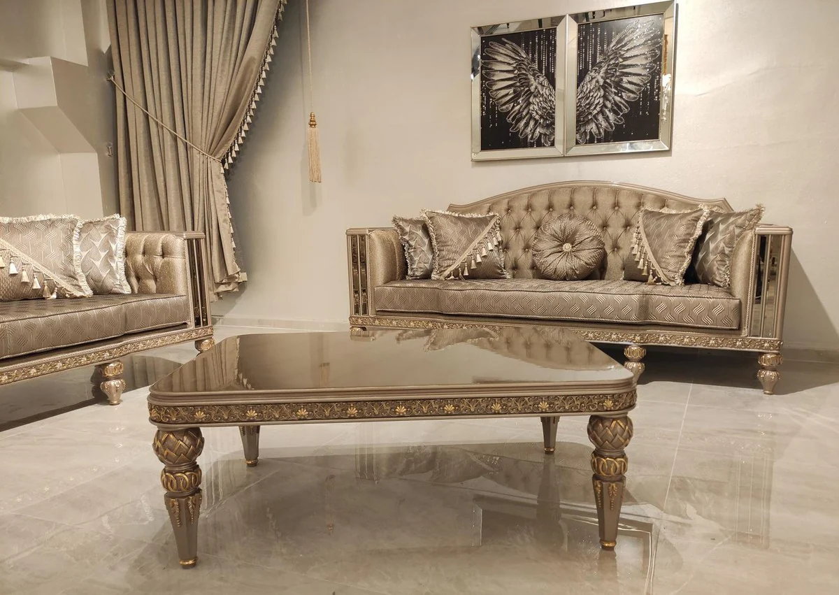 Luxus Barock Couchtisch Gold / Grau / Gold - Prunkvoller Wohnzimmertisch im Barockstil - Barockstil Wohnzimmer Möbel - Barock Einrichtung - Barock Möbel - Luxus Möbel im Barockstil