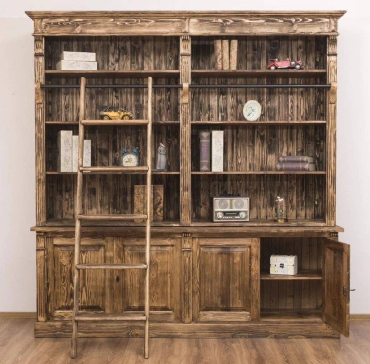 Landhausstil Bücherschrank mit Leiter Braun 223 x 51 x H. 228 cm - Massivholz Schrank - Wohnzimmerschrank - Regalschrank - Büroschrank - Landhausstil Möbel