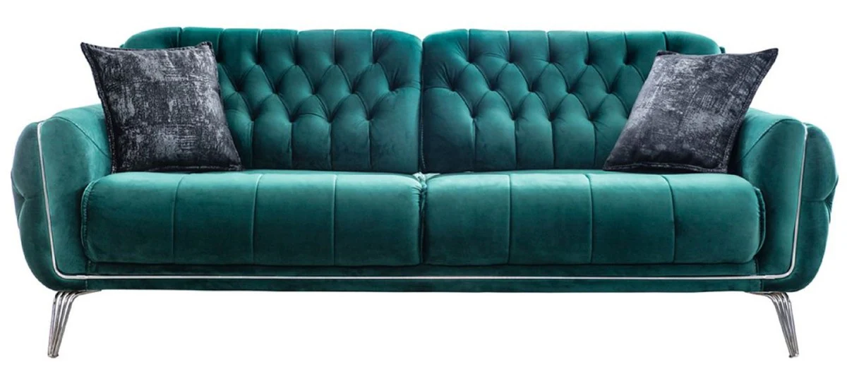 Luxus Chesterfield Schlafsofa Grün / Silber 230 x 95 x H. 75 cm - Modernes Wohnzimmer Sofa - Chesterfield Wohnzimmer Möbel