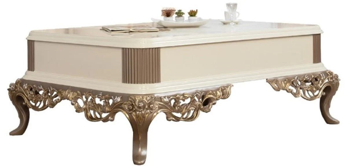 Luxus Barock Wohnzimmer Set Braun / Weiß / Gold - 2 Sofas & 2 Sessel & 1 Couchtisch - Prunkvolle Barock Wohnzimmer Möbel