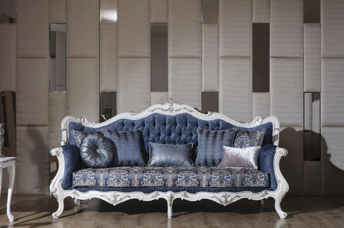 Luxus Barock Wohnzimmer Sofa mit Muster und dekorativen Kissen Blau / Weiß / Silber 240 x 90 x H. 120 cm - Prunkvolle Barock Möbel