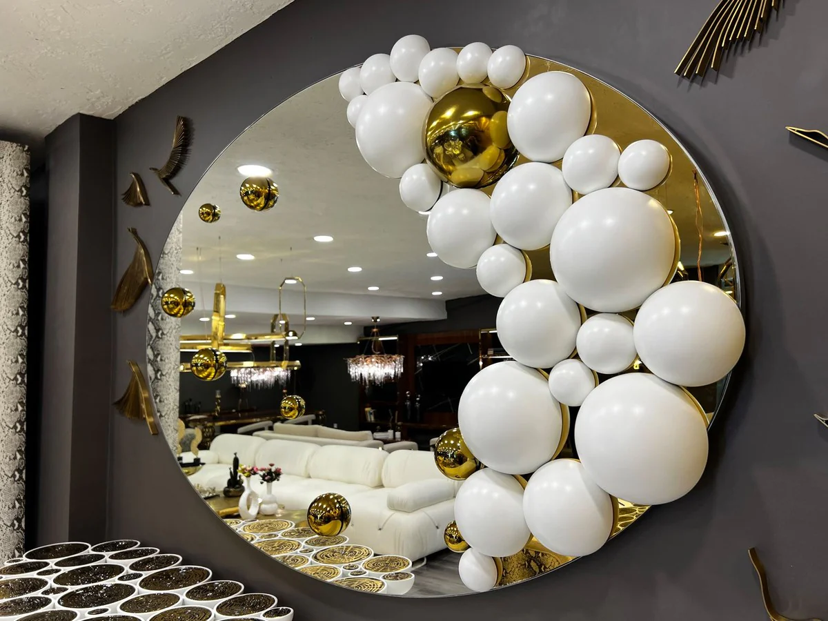 Luxus Designer Spiegel Weiß / Gold 190 x H. 120 cm - Ovaler Wandspiegel - Garderoben Spiegel - Luxus Möbel - Hotel Möbel - Designer Möbel