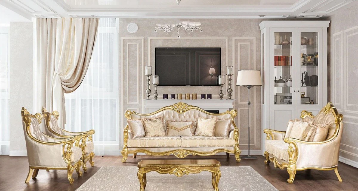 Luxus Barock Sofa Beige / Gold - Prunkvolles Wohnzimmer Sofa mit Muster - Barock Wohnzimmer Möbel - Edel & Prunkvoll