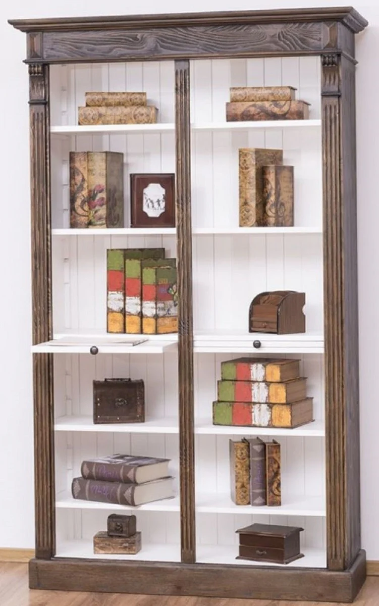 Landhausstil Bücherschrank Braun / Weiß 120 x 37 x H. 197 cm - Massivholz Schrank - Regalschrank - Wohnzimmerschrank - Landhausstil Möbel