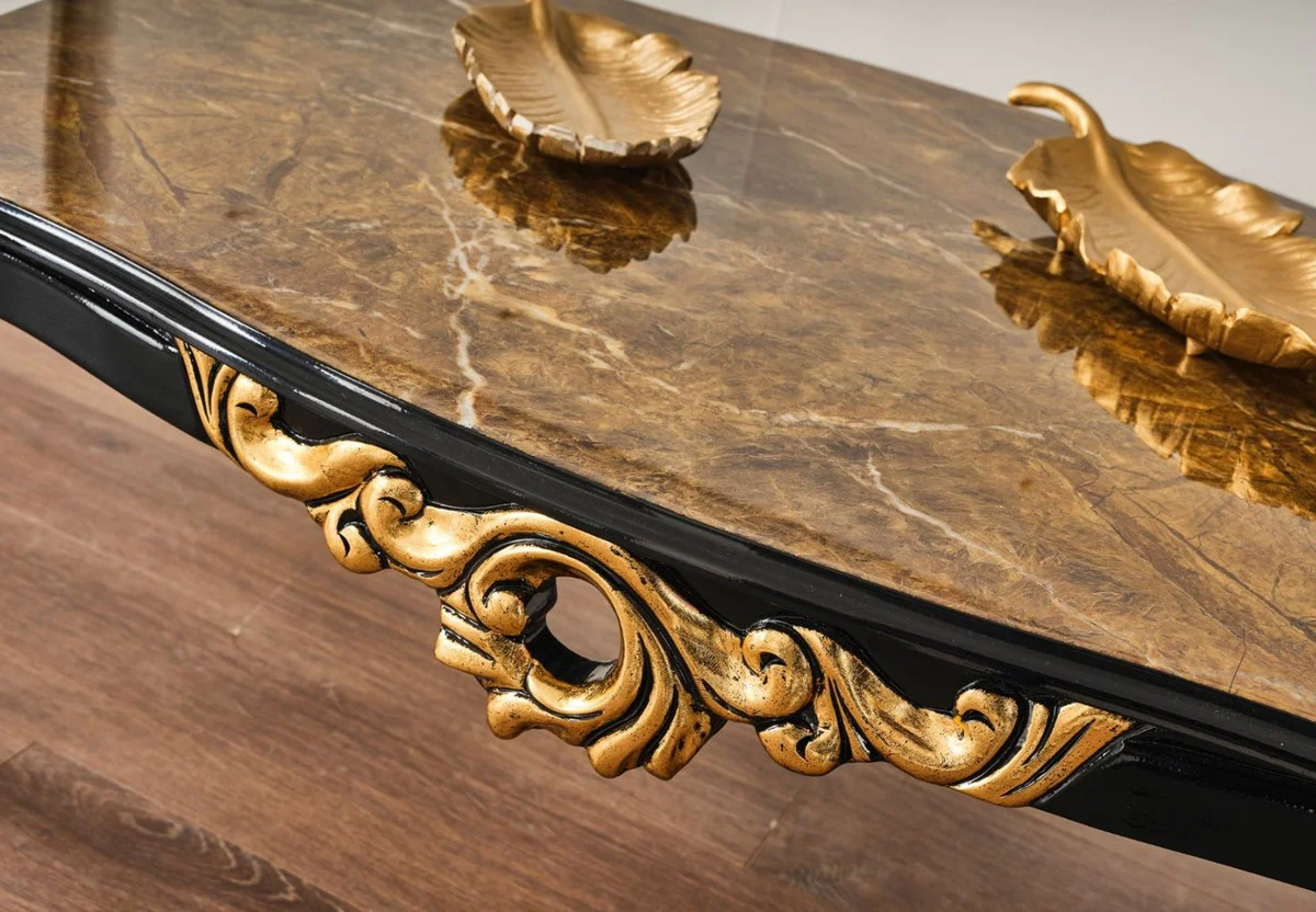 Luxus Barock Couchtisch Braun / Schwarz / Gold 117 x 77 x H. 46 cm - Prunkvoller Massivholz Wohnzimmertisch mit Tischplatte in Marmoroptik - Barock Möbel