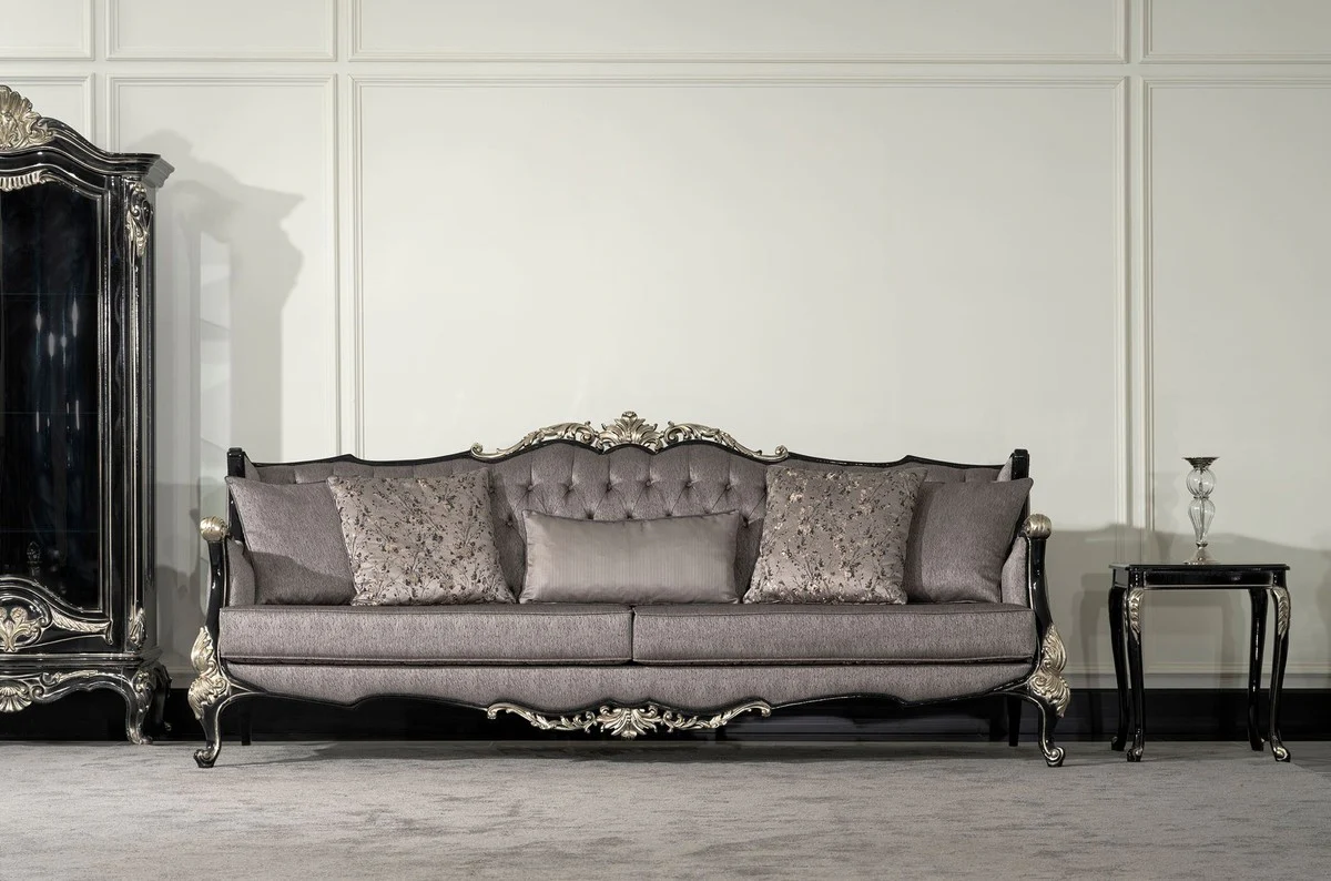 Luxus Barock Beistelltisch Schwarz / Silber - Quadratischer Massivholz Tisch im Barockstil - Luxus Wohnzimmer Möbel im Barockstil - Barock Möbel - Edel & Prunkvoll