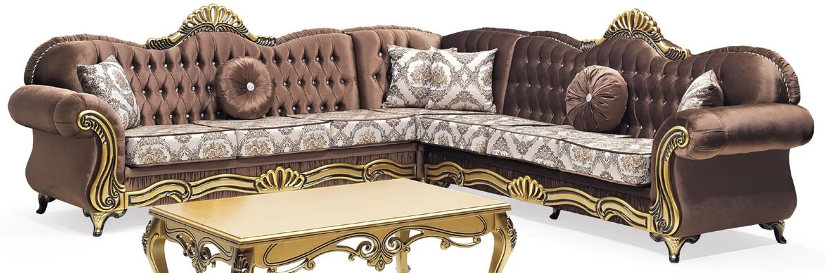 Luxus Barock Ecksofa Braun / Mehrfarbig / Gold - Prunkvolles Wohnzimmer Sofa mit Glitzersteinen und elegantem Muster - Barock Wohnzimmer Möbel - Edel & Prunkvoll