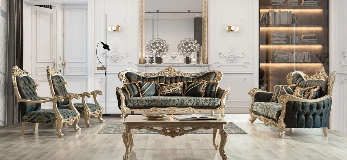 Luxus Barock Wohnzimmer Set Dunkelblau / Türkis / Silber / Gold - 2 Barock Sofas mit Muster & 2 Barock Sessel mit Muster & 1 Barock Couchtisch - Barock Wohnzimmer Möbel