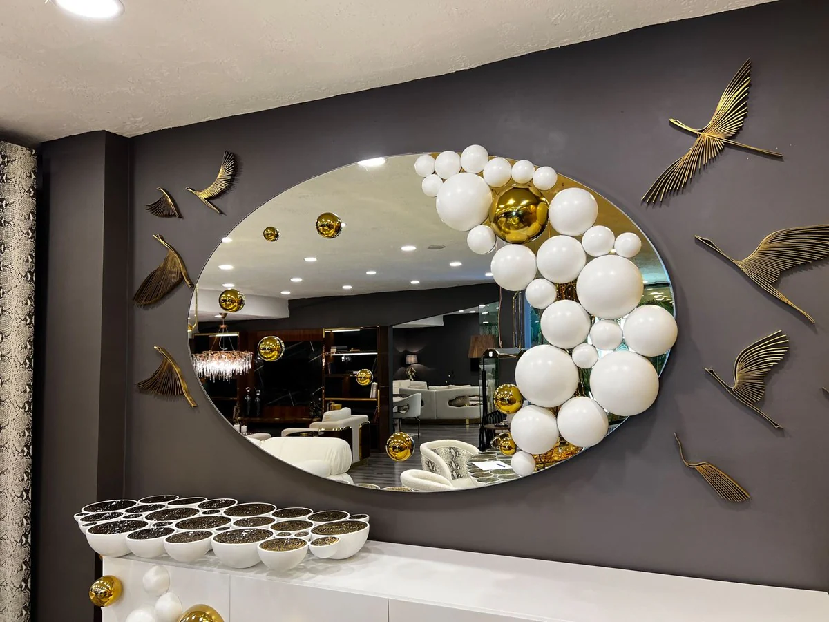 Luxus Designer Spiegel Weiß / Gold 190 x H. 120 cm - Ovaler Wandspiegel - Garderoben Spiegel - Luxus Möbel - Hotel Möbel - Designer Möbel