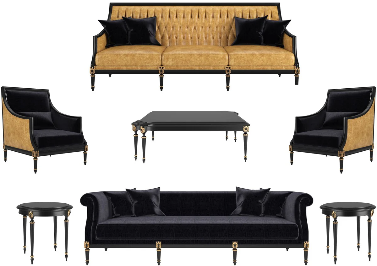 Luxus Barock Wohnzimmer Set Gold / Schwarz / Antik Gold - 2 Sofas & 2 Sessel & 1 Couchtisch & 2 Beistelltische - Wohnzimmermöbel im Barockstil - Edle Barock Möbel