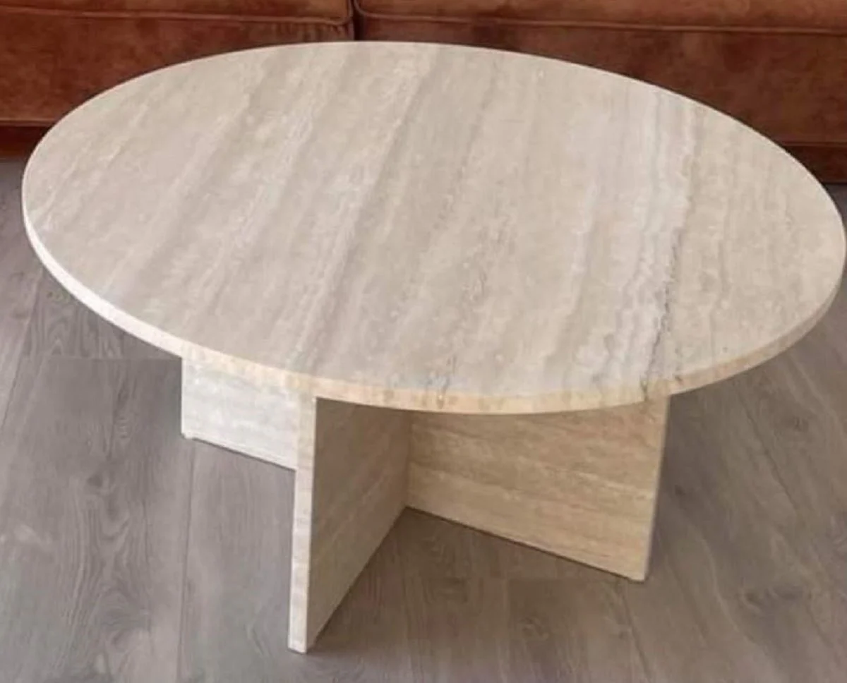 Luxus Esstisch Beige Ø 150 x H. 72 cm - Runder Travertin Naturstein Esszimmertisch - Esszimmer Möbel - Travertin Möbel - Luxus Möbel - Luxus Einrichtung