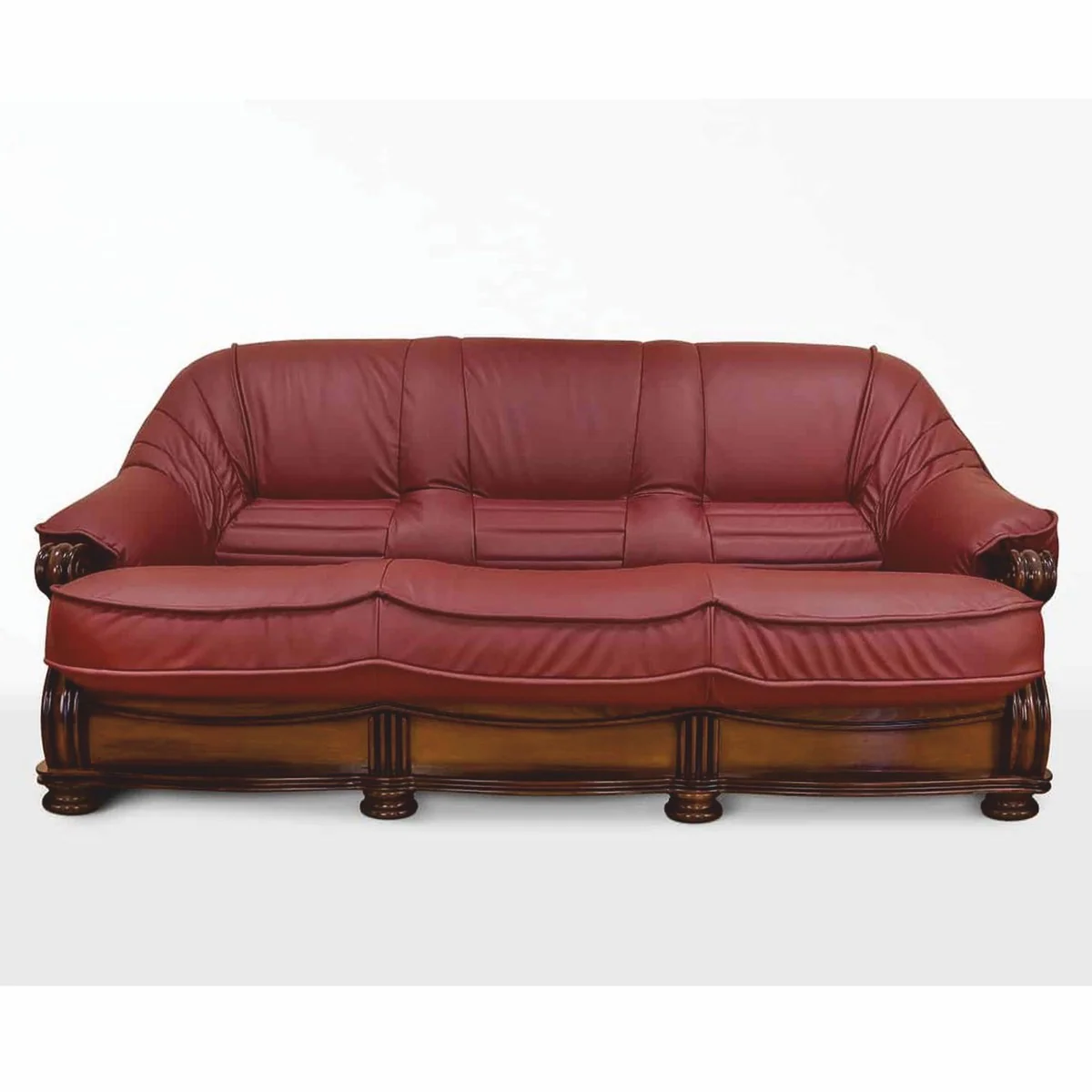 Luxus Barock Leder Sofa Bordeauxrot / Braun 220 cm - Barock Möbel