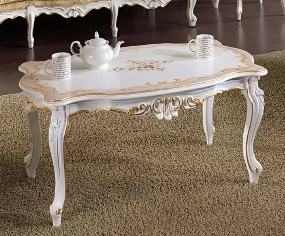 Luxus Barock Couchtisch Weiß / Beige / Mehrfarbig / Gold - Edler Wohnzimmertisch im Barockstil - Barock Wohnzimmer Möbel - Luxus Qualität - Made in Italy