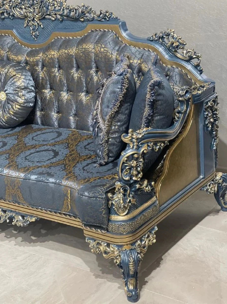 Luxus Barock Sofa Blau / Gold - Prunkvolles Wohnzimmer Sofa mit elegantem Muster - Barockstil Wohnzimmer Möbel - Luxus Möbel im Barockstil - Edel & Prunkvoll