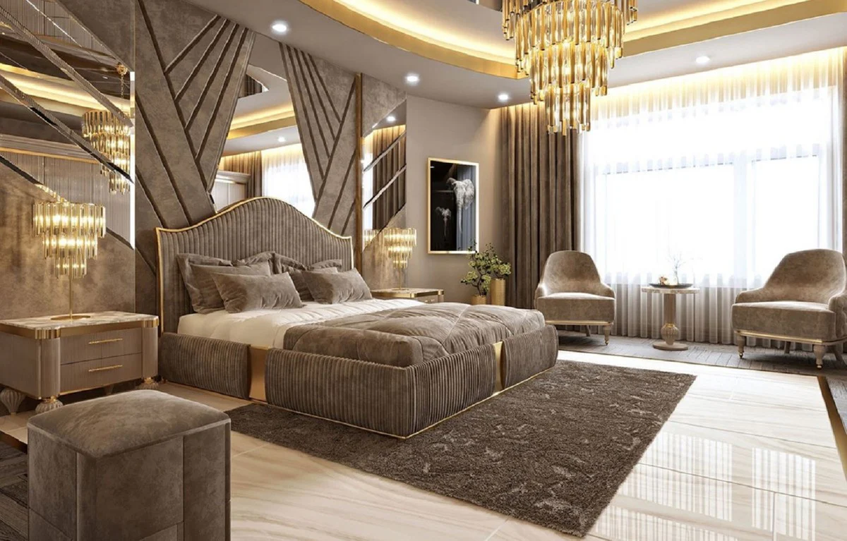 Luxus Art Deco Schlafzimmer Set Grau / Weiß / Gold - 1 Doppelbett mit Kopfteil & 2 Nachttische - Art Deco Schlafzimmer & Hotel Möbel - Luxus Kollektion