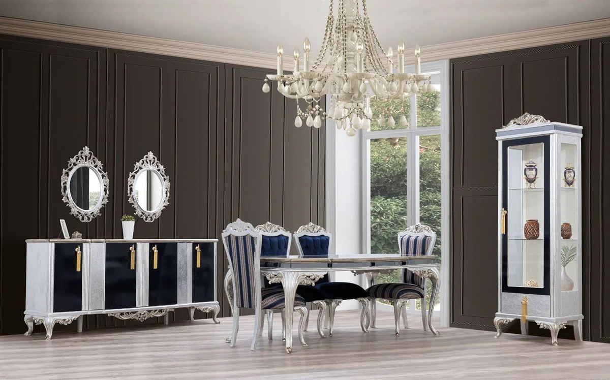 Luxus Barock Vitrine Silber / Schwarz / Gold - Handgefertigter Massivholz Vitrinenschrank - Barock Wohnzimmer Möbel