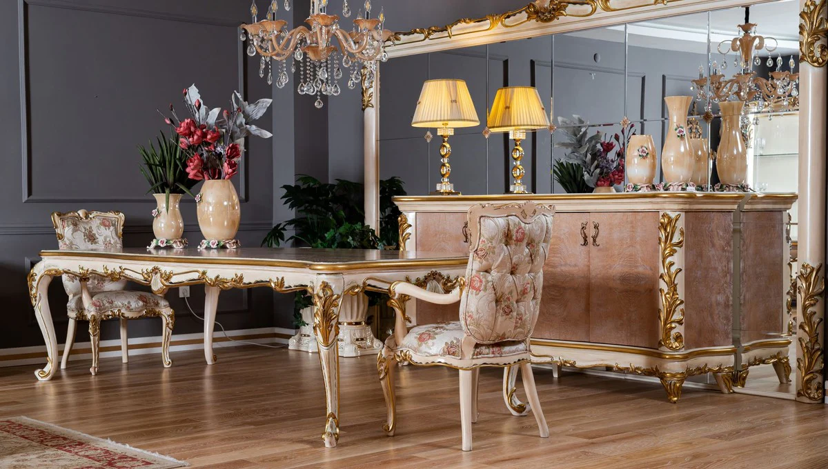 Luxus Barock Esstisch Beige / Weiß / Gold - Prunkvoller Massivholz Esszimmertisch im Barockstil - Barock Esszimmer Möbel