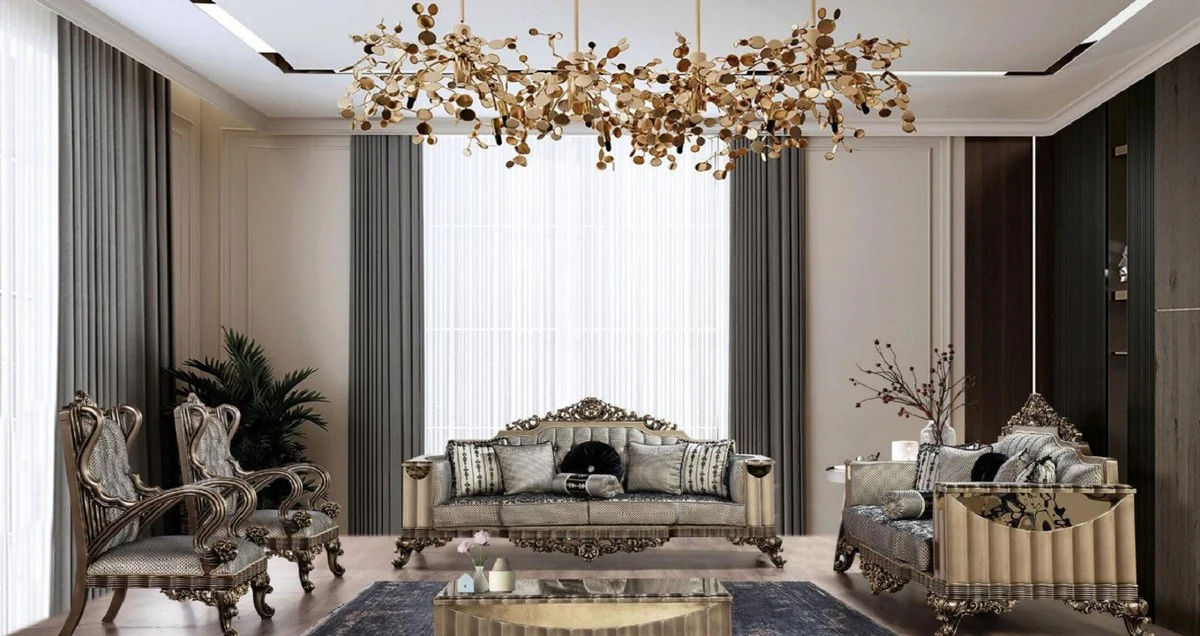 Luxus Barock Wohnzimmer Set Silber / Schwarz / Gold - 2 Barock Sofas & 2 Barock Sessel & 1 Barock Couchtisch - Barock Wohnzimmer Möbel