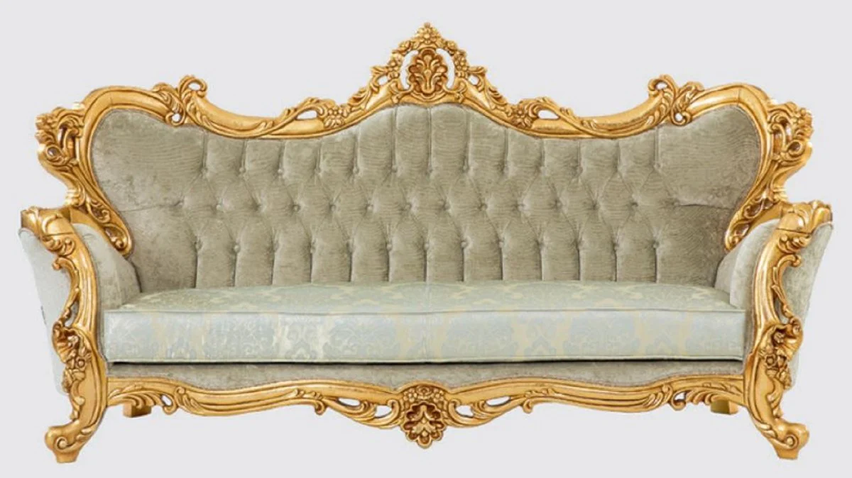 Luxus Barock Sofa Grün / Gold 250 x 100 x H. 125 cm - Handgefertigtes Wohnzimmer Sofa mit elegantem Muster - Barock Wohnzimmer Möbel - Edel & Prunkvoll